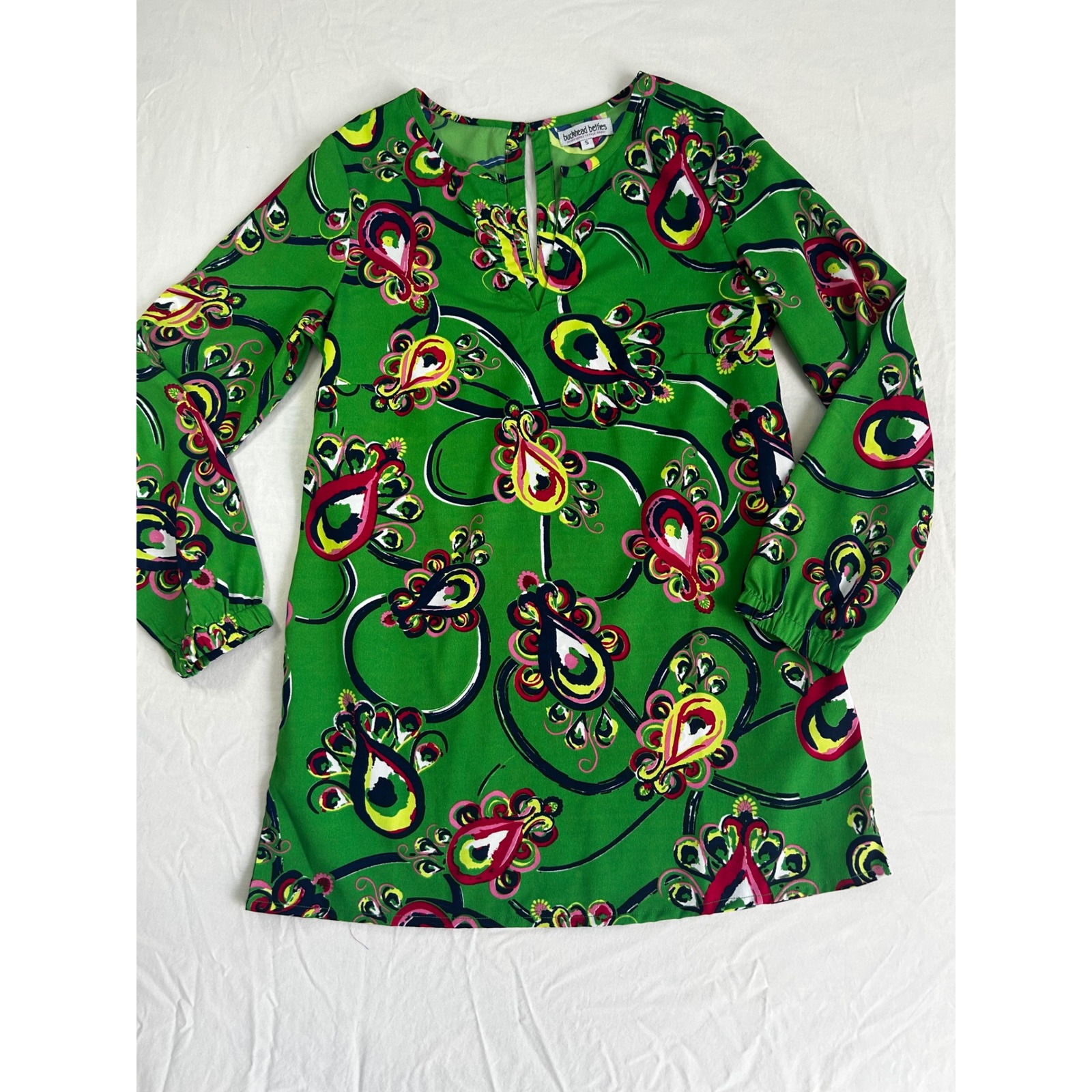 Buckhead Betties Womens Green Paisley Print Split Neck Long Sleeve Tunic Top S